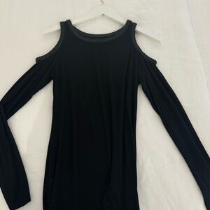 Bailey44 black top with shoulder cut out and leather detail